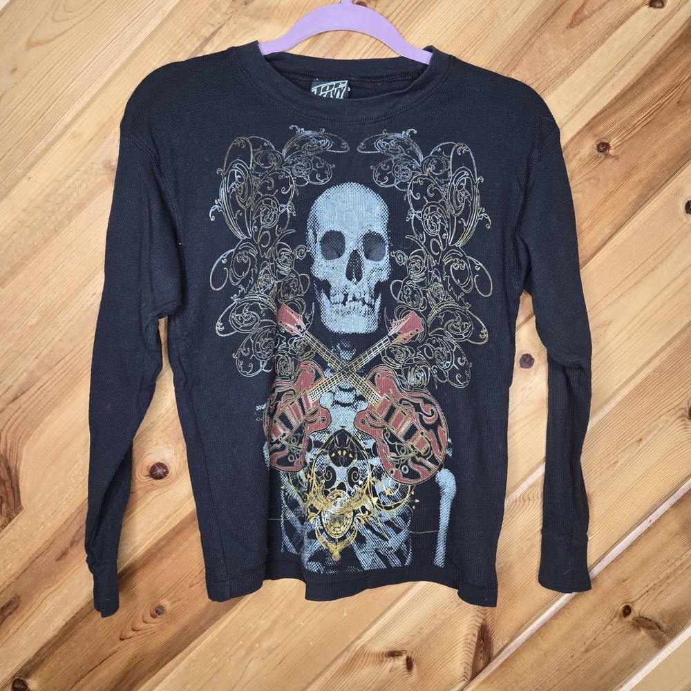 Top Heavy Youth Thermal‎ Skull Black Grunge Skater Shirt Medium